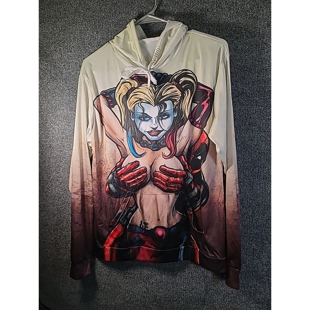 Men's Large Marvel Deadpool Hoodie Long Sleeve Pullover Lightweight Harley